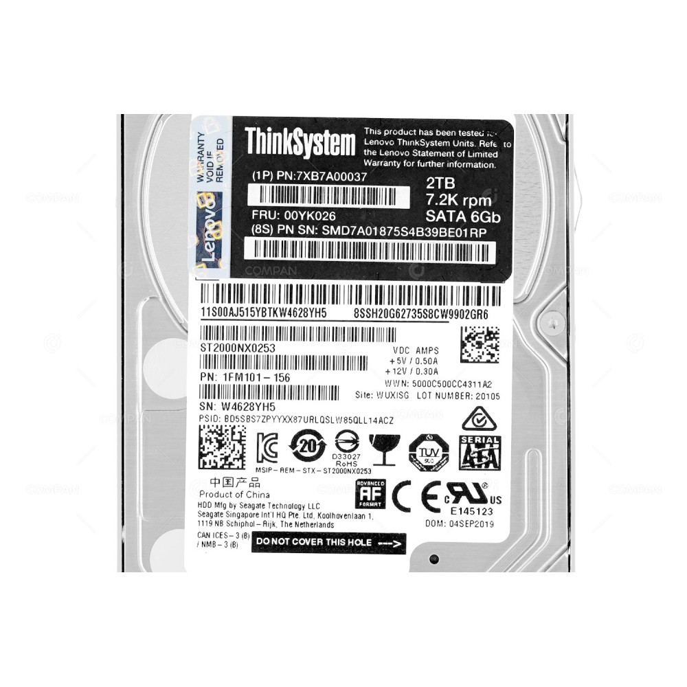 00YK026 LENOVO THINKSYSTEM 2TB 7.2K 6G SATA 2.5 SFF HARD DRIVE 1P7XB7A00037,  1FM101-156, ST2000NX0253